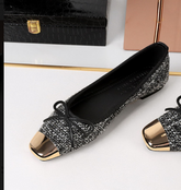 Black White Tweed Bow Ballet Flats Pumps Metallic Gold Square Toe for Women