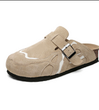 Men Suede Leather Mules With Cork Foot Bed and Adjustable Buckle Strap Unique Stitching Design Comfortable Slip-On Shoes