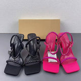 Women's French-style Casual Backless Sandals with Square Toe, Single Strap, Rhinestones and Cup Heels
