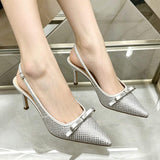 Luxury Black Rhinestone Slingback Kitten Heels for Women Pointed Toe Bow Knot Evening Party Dress Shoes Bridal Wedding Pump