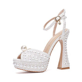 Delicate Pearl Decorated Open Toe Platform High Heel Sandals for Ladies Ankle Strap Formal Shoes for Bridal Evening Occasions