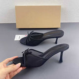 Women Elegant Black Mesh Bow Accent Open Toe Stiletto Heel Mules Backless Slip on Dress Sandals for Office Work Party Occasions