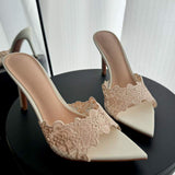 Women's Delicate Lace Satin Pointed Toe High Heel Mules Slip on Stiletto Heeled Sandals for Evening Party Daily Elegant Wear