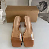 Women's Square-toe Single-strap PVC Transparent High Heel Sandals Crystal Chunky Heel Mule Sandals