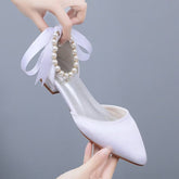 Large Size 43 Flat Satin Wedding Flats Fashion White Pearl Lace Bridesmaid Shoe Lightweight White Shoes