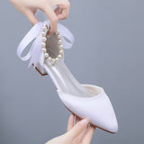 Large Size 43 Flat Satin Wedding Flats Fashion White Pearl Lace Bridesmaid Shoe Lightweight White Shoes