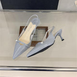 Elegant Pointed Toe Slingback Heels Women Stylish Kitten Heel Pumps with Pearl Detail Grey Dress Office Shoes