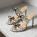 Women's Polka Dot Satin Silk Stiletto Mules Bow Decor Open Toe High Heel Sandals for Party