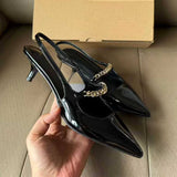 Women's Pointed-toe Patent Leather Kitten Heel Sandals Chain Embellished Back Strap 4.5cm Slide Heeled Sandals