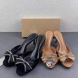 Ladies Sexy Sandals New-style Satin Feel Rhinestone Bow Peep-toe Mules Women Stiletto Heeled Slide Sandals