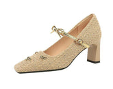 Talons Khaki Mary Jane Shoes Featuring Golden Bowknot Strap Sophisticated Square Toe Chunky High Heels for Women