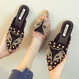 Korean Fashion Casual Outdoor Slippers Closed Toe Female Women Loafer Flat Shoes with Diamonds