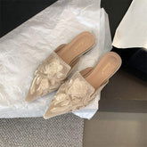Hot Selling Satin Sandals Embroidered Pointed Toe Soft Breathable Lining Elegant Mules Slip on Flats