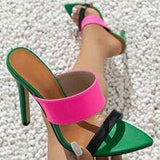 Women's Pointed-toe Color-blocking/Contrast-color Ankle-strap Stiletto Sandals - Trendy Green Quality Ladies High Heel Shoes