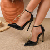 Talons Femmes Elegant Black Stilettos Chain Ornament Luxury Pointed Toe Evening Dress Sandals Wedding Heels