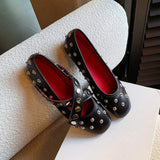 Genuine Sheepskin Leather Mary Jane Flats for Women Studded Round Toe Cross Strap Walking Shoes Punk Style Lady Flat