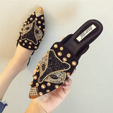 Korean Fashion Casual Outdoor Slippers Closed Toe Female Women Loafer Flat Shoes with Diamonds