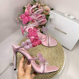 2026 Hots Luxury Crystal Blossom Sandals Sexy Ankle Wrap Flower Stilettos Glamorous Open Toe Wedding Shoes for Women Heels