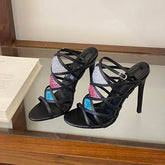 Sexy Black Strappy High Heels with Colorful Rhinestones Open Toe Stiletto Sandals for Women Sparkly Evening Party Dress Shoes