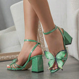 Cross-Strap Pointed-Toe Peep-Toe Ladies Block Heel Sandals with Butterfly Embellishments for Women