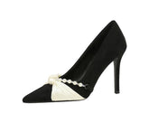 New Elegant Pink Faux Suede High Heels Pearl Strap Silk Bow Accent Pointed Toe Stiletto Pumps Wedding Bridal Party Shoes