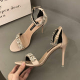 Chaussure Dame Green Rhinestone New Trendy 2025 Stiletto High Women Sexy and Elegant Summer Heels