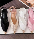 Lace Sandali Donna Femme 2026 New Elegant Women's Lace Metal Toe Cap Ankle Strap Casual Pointed Toe Flat Sandals