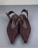 Women Black Faux Suede Flat Mules Pointed Toe V Neck Vamp Adjustable Back Slingback Strap Minimalist Casual Slip on Shoes
