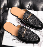 Men's Fashion Glitter Patent Pu Mules Backless Slip on Style With Decorative Metal Buckle for Night Out Parties