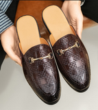 Men Backless Mule Loafers With Woven Pattern PU Leather Upper and Metal Buckle Daily Wear and Business Occasions