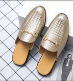 Men Quilted Backless Loafer Slip on Gold Metal Accent Horsebit Detail Cushioned Insole Breathable Lining Slides Slippers for Men