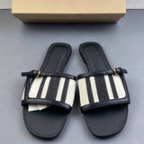 Fashion Striped Flat Sandals for Women Luxury Buckle Slip On Mules Outdoor Square Toe PU Leather Slide Slippers