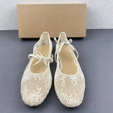 Elegant Lace Floral Women Mary Jane Flats Sparkly Sequin Mesh Bridal Wedding Shoes Breathable Bow Tie Ballerina Pumps