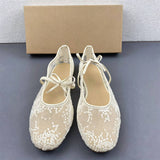 Elegant Lace Floral Women Mary Jane Flats Sparkly Sequin Mesh Bridal Wedding Shoes Breathable Bow Tie Ballerina Pumps