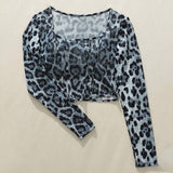 Fashion Trendy Daily Wear Sexy Womens Short Top Leopard Printing Sexy Skinny Fit Top Long Sleeve Leopard Sexy Top