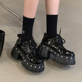 8CM Shiny Patent Leather Round Toe Wedge Heel Thick Soled 5-43 Rivet Punk Style Women's Shoes