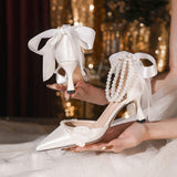Wedding Pearl Ankle Zapatos Tacon Mujer Party Sexy New European Fashion White Pointed Heel Women's Pumps