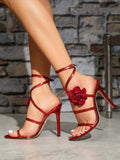 New Style Red Rose Single-Strap Sandals - Summer Sexy High-Heel Shoes with Leg-Lengthening Effect & Elegant Ladies Shoes
