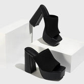Women's Stretchy Knitted Fabric Chunky Block Heel Platform Mules Square Toe Slip on Sandals for Party Club Casual Wear