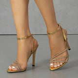 Cross-Border Exclusive New Arrival Ladies' High Heel Sandals Pointed-Toe Single-Strap with Shiny Rhinestones