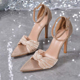 Zapatos Mujer Saltos 2026 New Women Pleated Bow Knot Ankle Strap High Heels Sandals Glitter Pointed Toe Stiletto Heels
