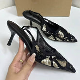 Black Sequined Beaded Pointed-Toe Elegant Black Stiletto Heels with Ankle Strap Women Sexy Heel Sandals