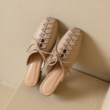 Square Toe Woven Mule Heels for Women 4.5Cm Mid Heel Genuine Leather Upper Pigskin Lining Comfortable Breathable Casual Slides