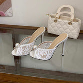 Luxury Mesh 2026 High Heel Mules Slip on Designer Easy Wear Stylish Sophisticated Pearl Wedding Heels