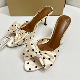 Women's Satin Bowknot Polka Dot Elegant Fashion Women Stiletto Heel Slide Sandals Beautiful Ladies High Heel Mules