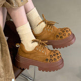 Thick Soled 2025 Height Increasing Leopard Lace up Round Toe Autumn Winter Size 40 Platform Shoes
