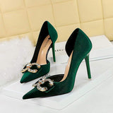Faux Suede Wine Rhinestone Sandals New Women Green Shoes Pointed Toe Stiletto 7CM/10.5CM Heels