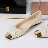 2025 Elegant Women Metal Square Toe Ladies Bow Flat Shoes