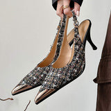 Elegant Women Tweed Slingback Pumps Pointed Toe with Metal Cap 7.5CM High Heels Professional Office Dress Shoes for Work