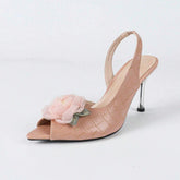 Women's Pink High-Heel Sandals with Stone Texture, 3D Floral Embellishments, Peep-Toe, Side Panels and Slim Heels